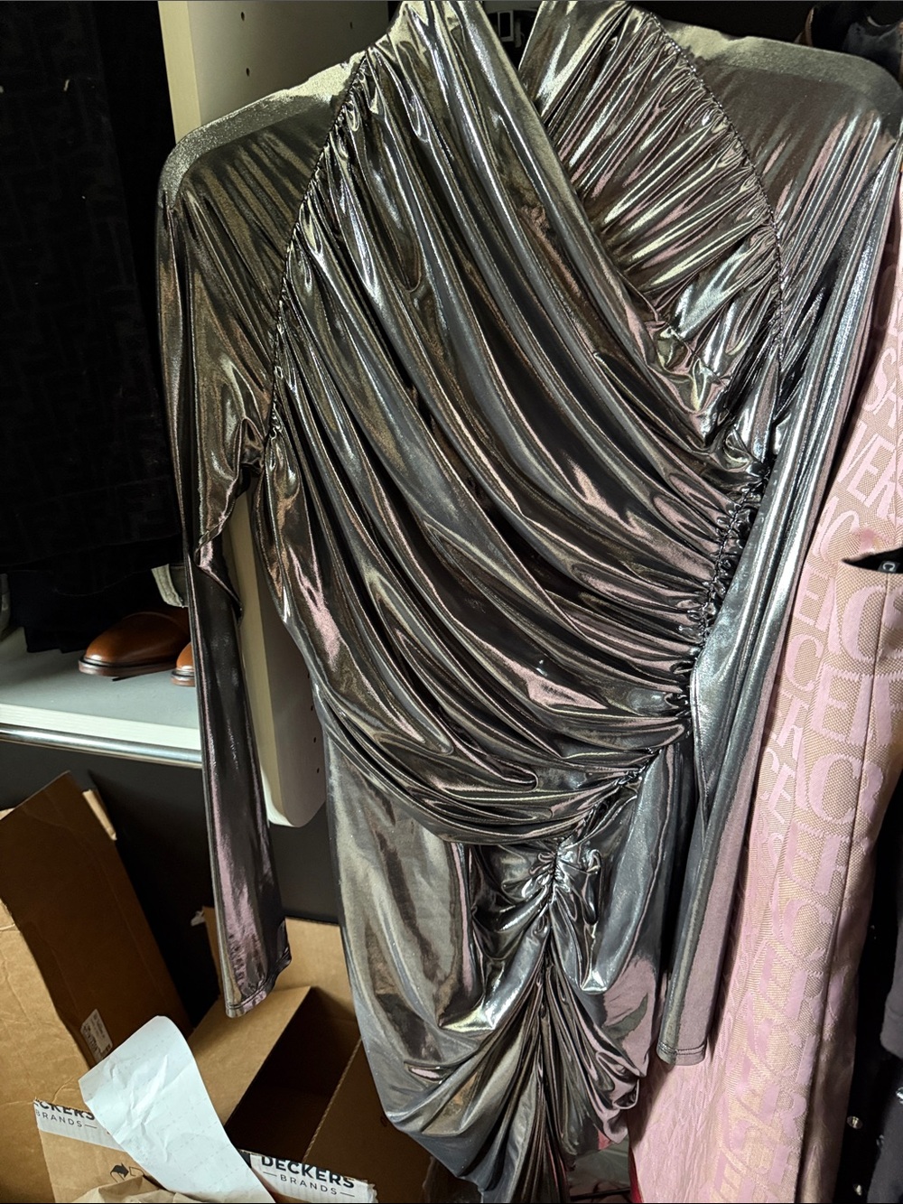 Salvatore Ferragamo Metallic Silver Ruched Long-Sleeve Dress